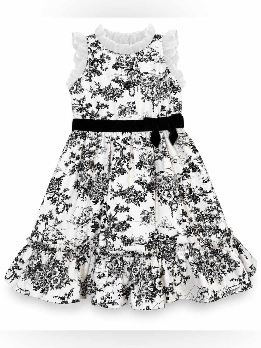 Janie and Jack Black and White Toile Ruffle Dress with Velvet Bow